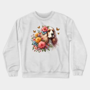 An English cocker spaniel with beautiful colorful flowers Crewneck Sweatshirt